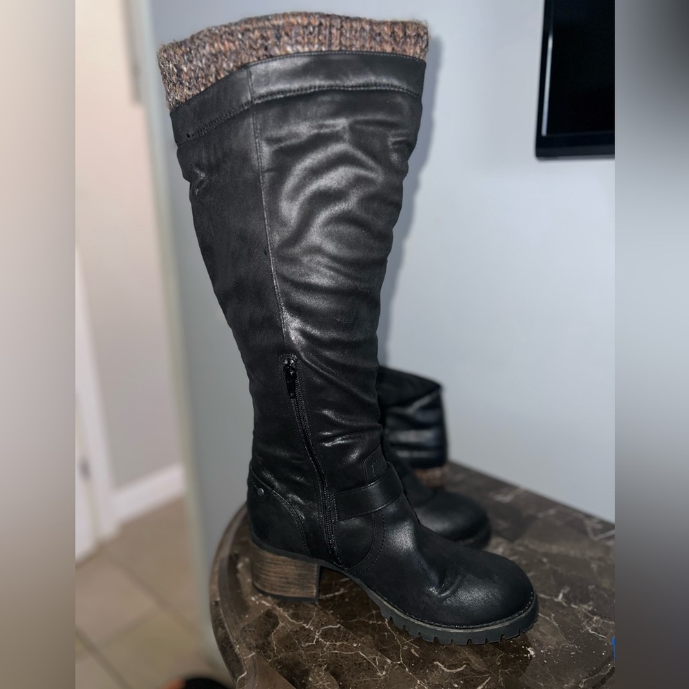Crown Vintage Black Boots, Suede Knee High Biker Boots.